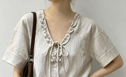 Short Sleeve V-Neck Tie Neck Ruffled-Trim Loose-Fit Blouse