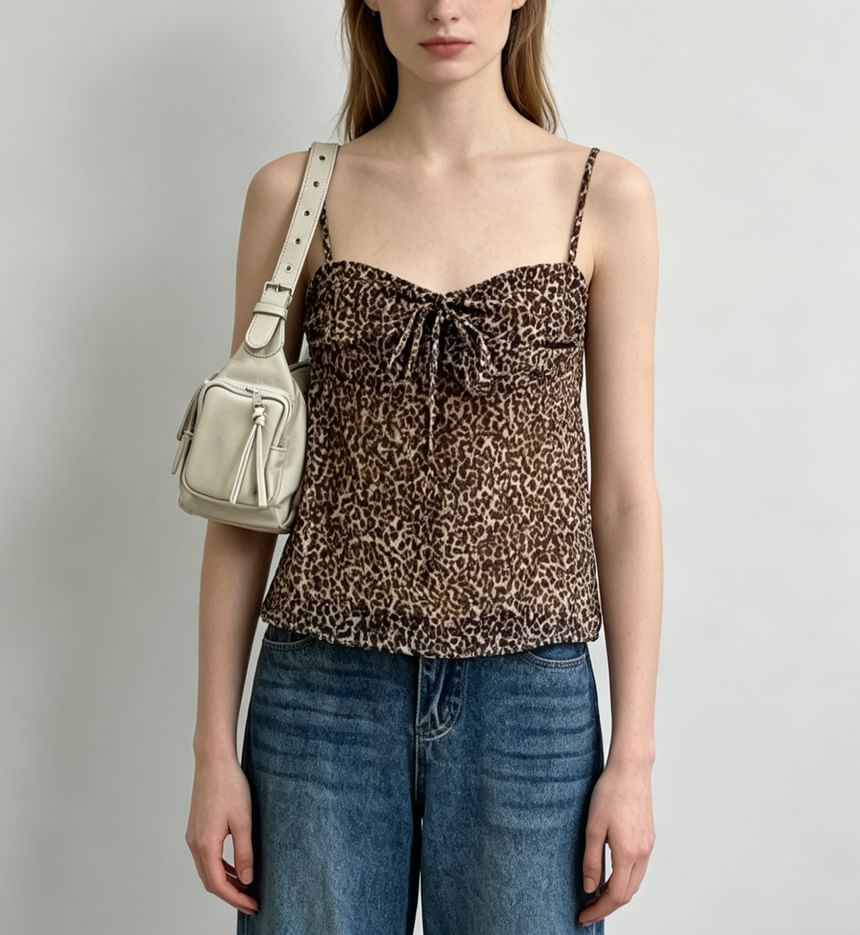 Sweetheart Neckline Leopard Print Tie-Front Camisole Top