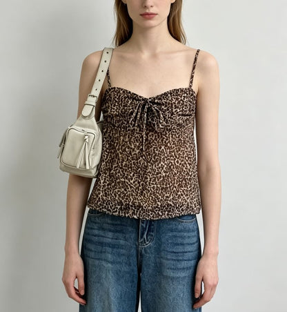 Sweetheart Neckline Leopard Print Tie-Front Camisole Top
