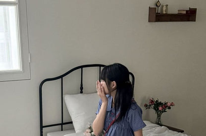 Peter Pan Collar Plaid Blouse with Short Sleeves