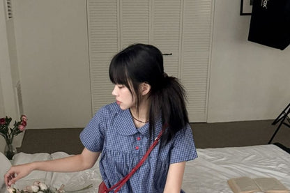 Peter Pan Collar Plaid Blouse with Short Sleeves