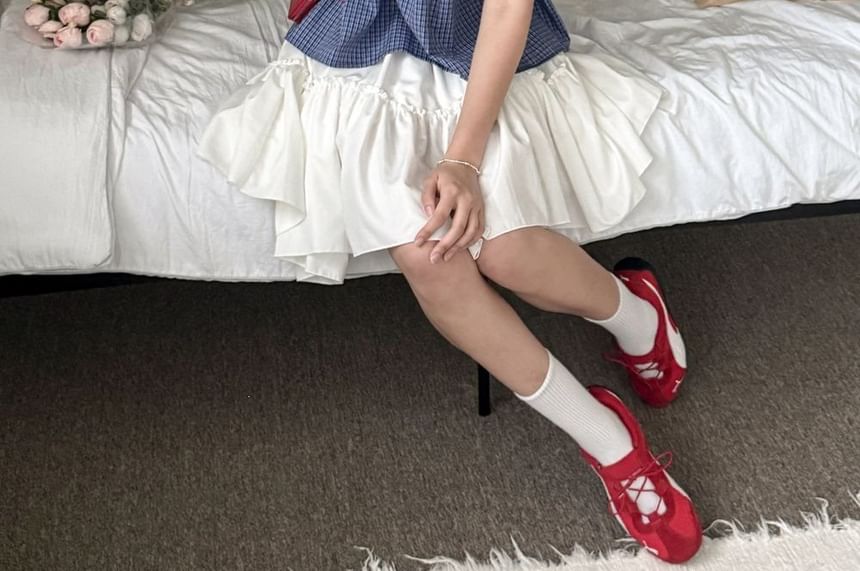 Peter Pan Collar Plaid Blouse with Short Sleeves