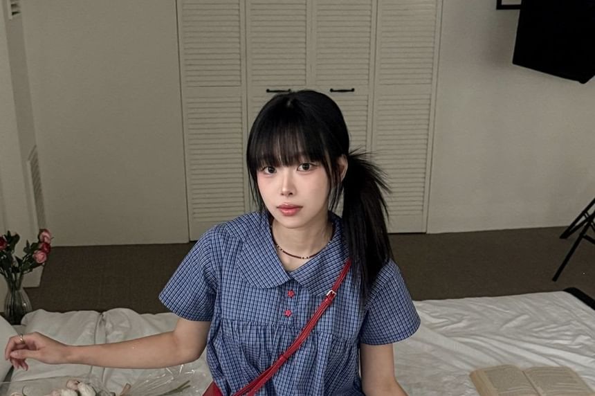 Peter Pan Collar Plaid Blouse with Short Sleeves