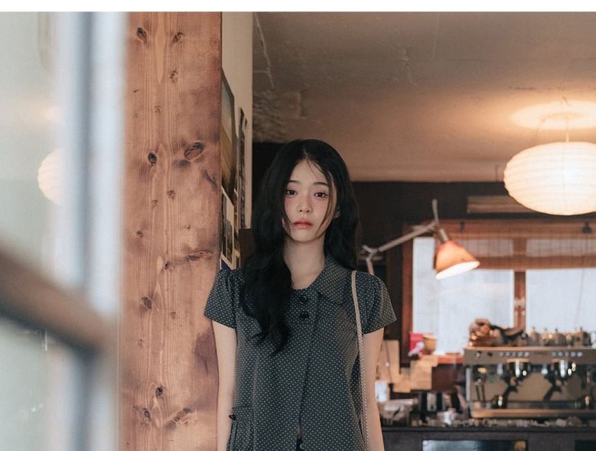 Collared Micro Dot Button-Up Slit Blouse with Short Sleeves