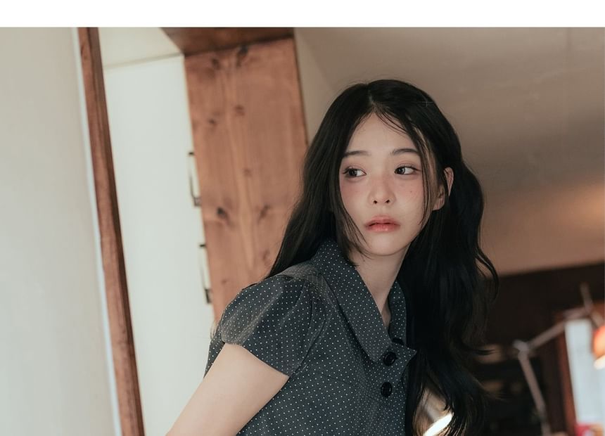 Collared Micro Dot Button-Up Slit Blouse with Short Sleeves