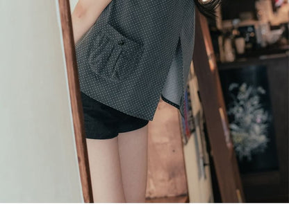 Collared Micro Dot Button-Up Slit Blouse with Short Sleeves