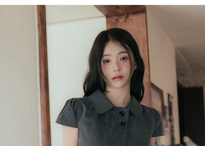 Collared Micro Dot Button-Up Slit Blouse with Short Sleeves