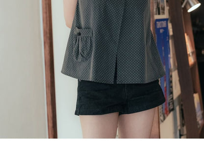 Collared Micro Dot Button-Up Slit Blouse with Short Sleeves