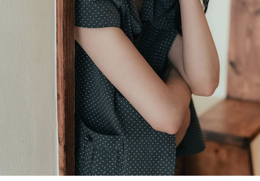 Collared Micro Dot Button-Up Slit Blouse with Short Sleeves