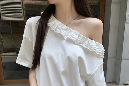 Off-Shoulder Ruffle Trim Short-Sleeve T-Shirt