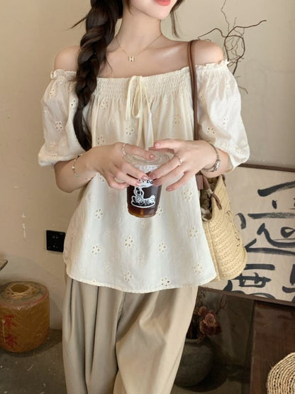 Puff-Sleeve Off-Shoulder Eyelet Blouse with Frill Trim