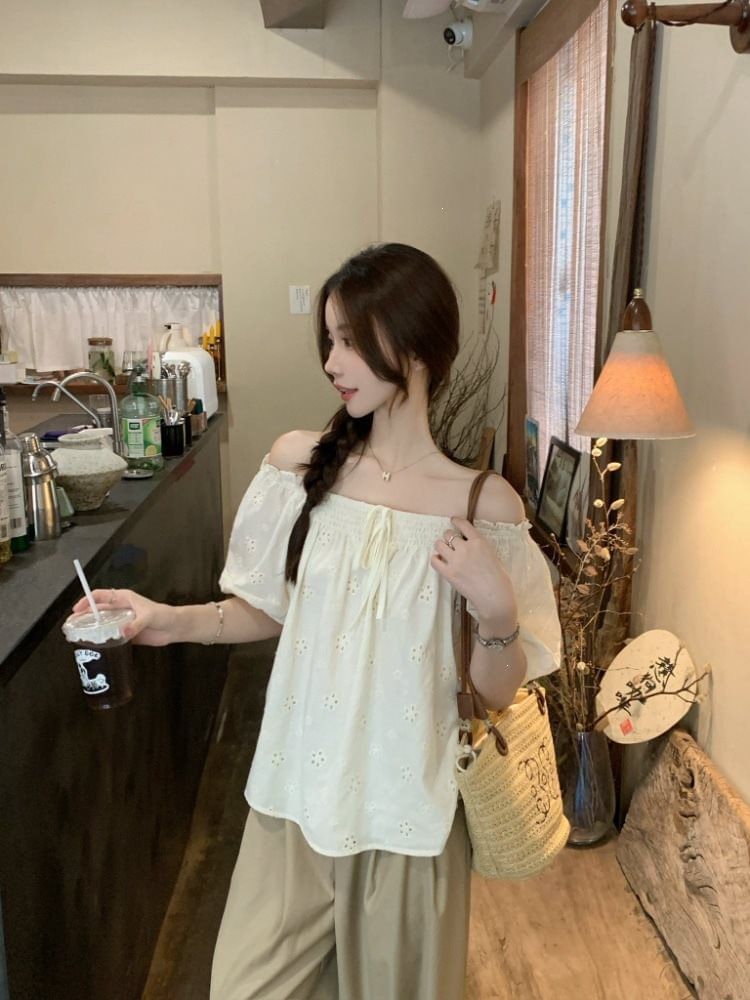 Puff-Sleeve Off-Shoulder Eyelet Blouse with Frill Trim