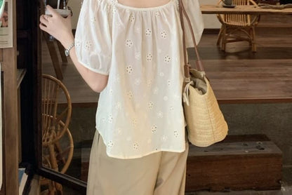 Puff-Sleeve Off-Shoulder Eyelet Blouse with Frill Trim