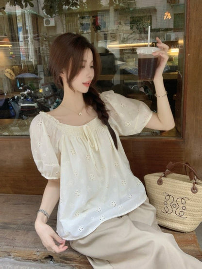 Puff-Sleeve Off-Shoulder Eyelet Blouse with Frill Trim