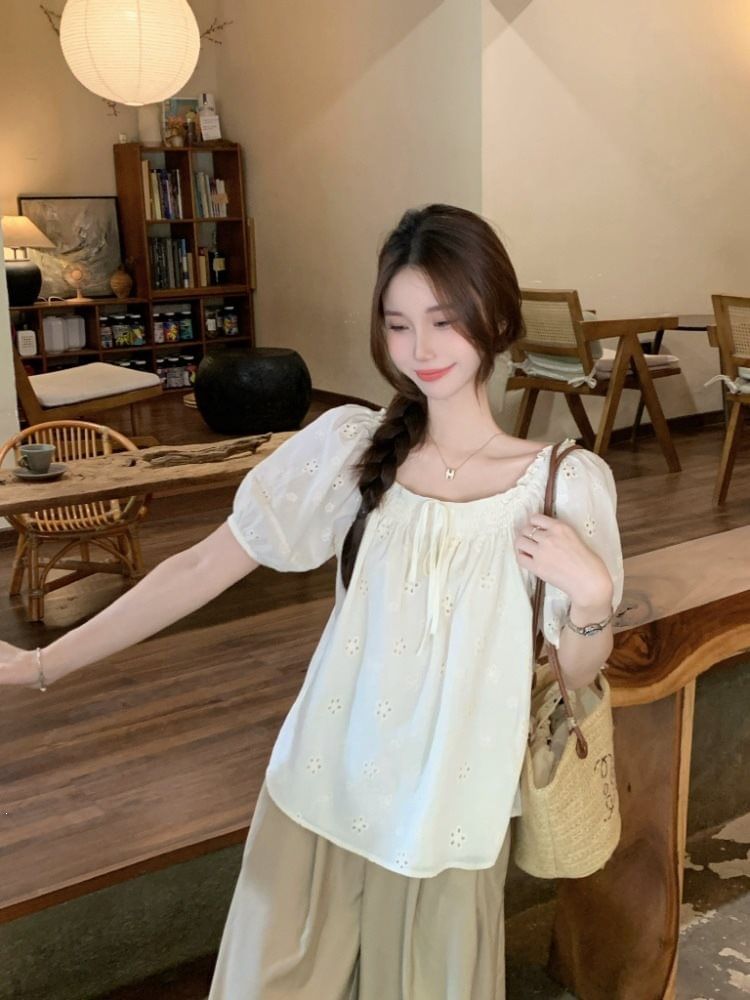 Puff-Sleeve Off-Shoulder Eyelet Blouse with Frill Trim