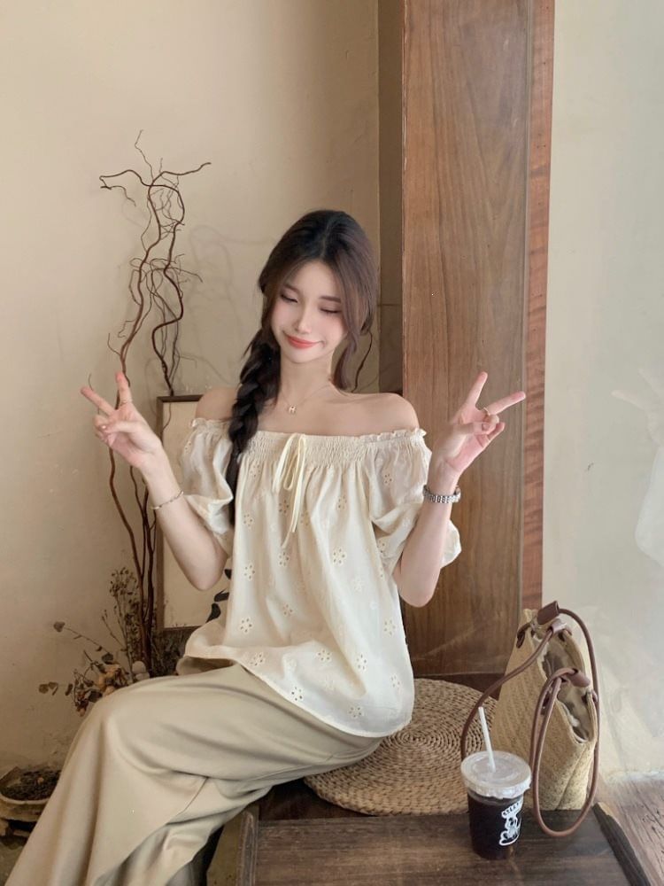 Puff-Sleeve Off-Shoulder Eyelet Blouse with Frill Trim