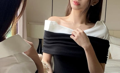 Two-Tone Off-Shoulder Ruched Blouse with Short Sleeves