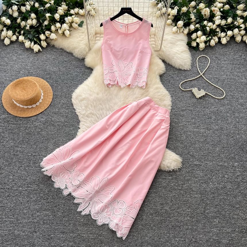 Set: Sleeveless Flower Embroidered Blouse & High Waist Midi A-Line Skirt