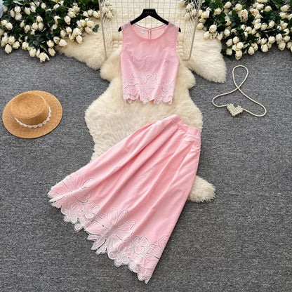 Set: Sleeveless Flower Embroidered Blouse & High Waist Midi A-Line Skirt