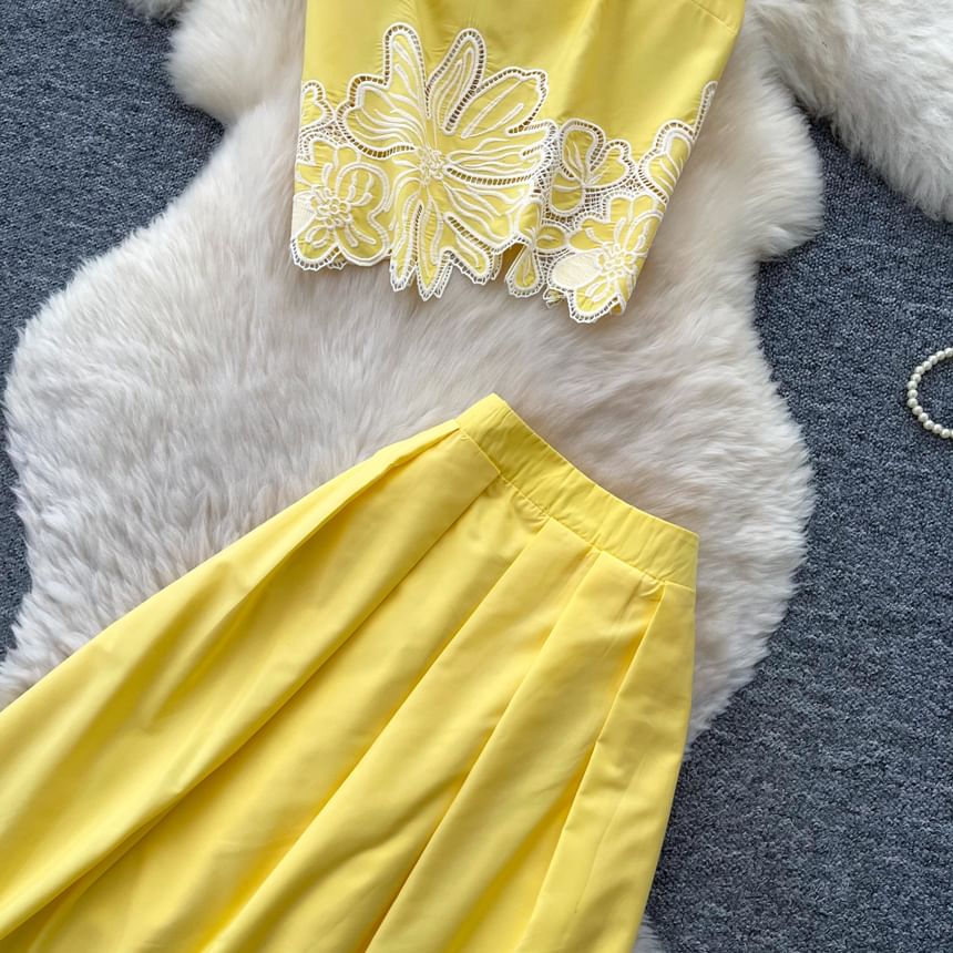 Set: Sleeveless Flower Embroidered Blouse & High Waist Midi A-Line Skirt