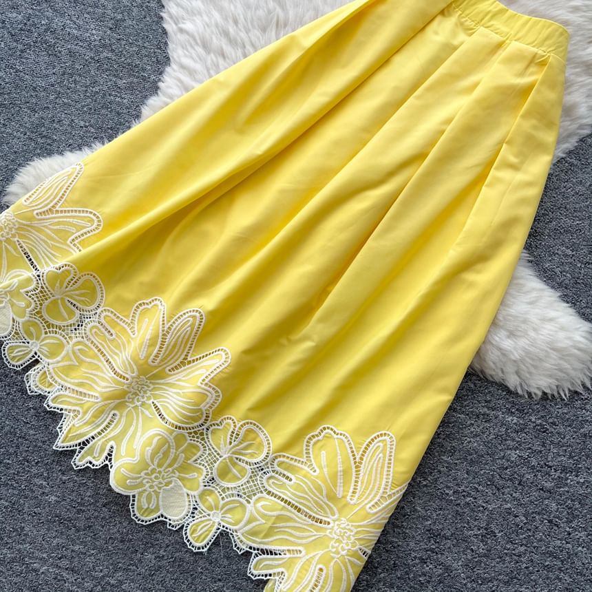 Set: Sleeveless Flower Embroidered Blouse & High Waist Midi A-Line Skirt