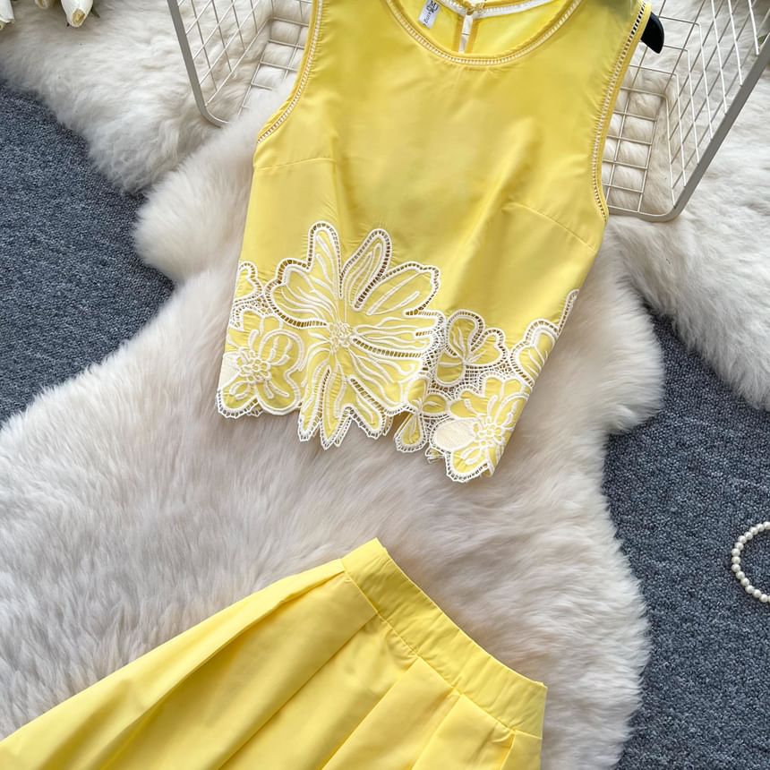 Set: Sleeveless Flower Embroidered Blouse & High Waist Midi A-Line Skirt