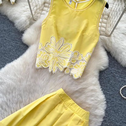 Set: Sleeveless Flower Embroidered Blouse & High Waist Midi A-Line Skirt