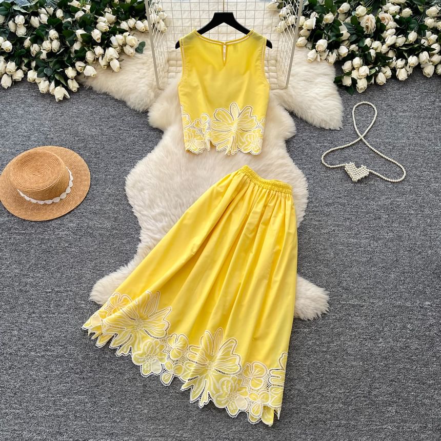 Set: Sleeveless Flower Embroidered Blouse & High Waist Midi A-Line Skirt