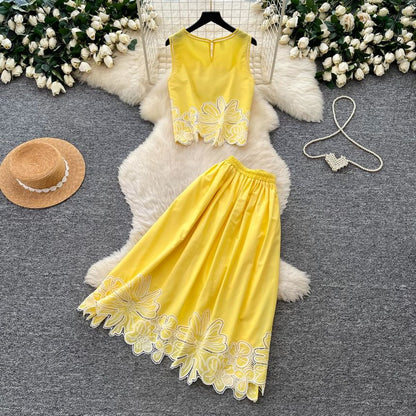 Set: Sleeveless Flower Embroidered Blouse & High Waist Midi A-Line Skirt