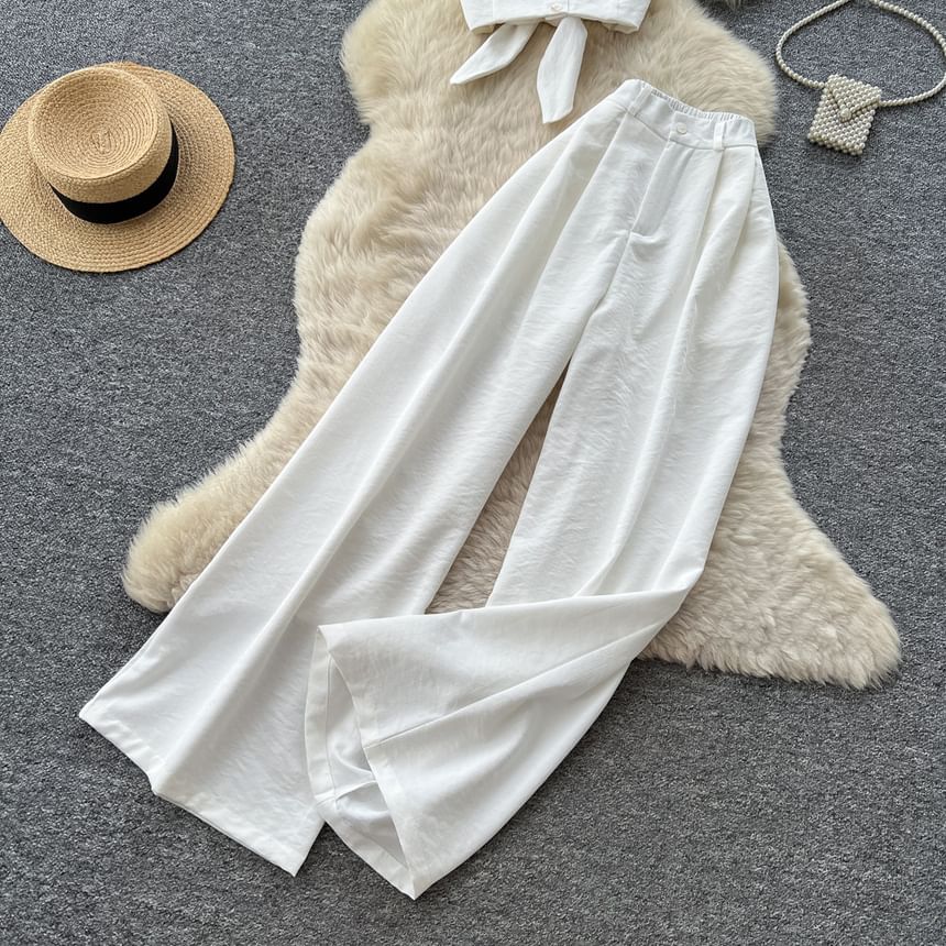 Set: Collar Cropped Halter Top & High Waist Wide Leg Pants