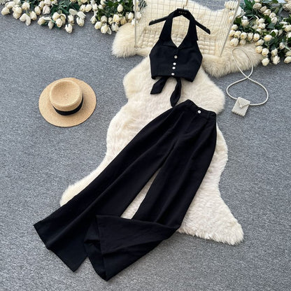 Set: Collar Cropped Halter Top & High Waist Wide Leg Pants