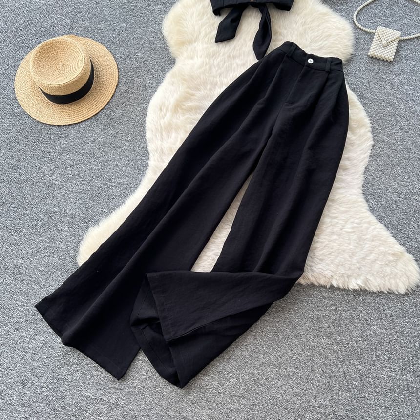Set: Collar Cropped Halter Top & High Waist Wide Leg Pants