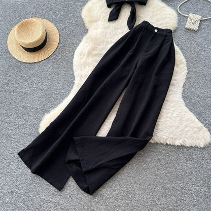 Set: Collar Cropped Halter Top & High Waist Wide Leg Pants