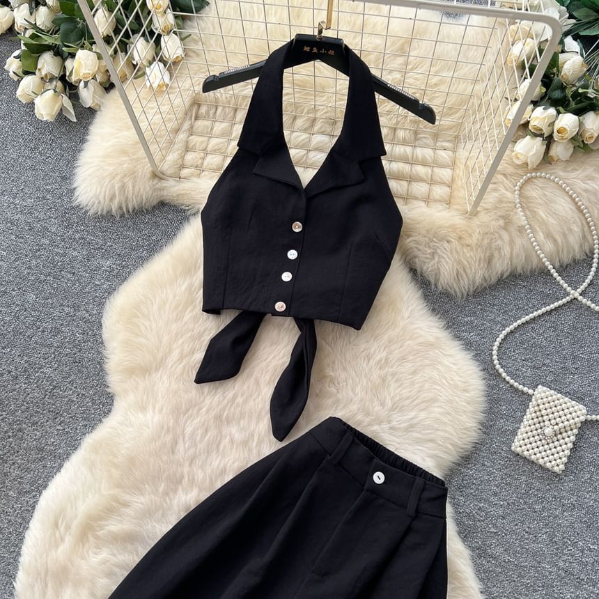 Set: Collar Cropped Halter Top & High Waist Wide Leg Pants