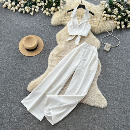 Set: Collar Cropped Halter Top & High Waist Wide Leg Pants