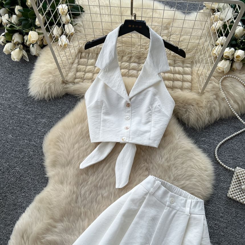 Set: Collar Cropped Halter Top & High Waist Wide Leg Pants