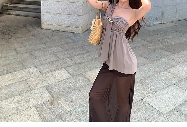 One-Shoulder Knotted Top & Low-Rise Mesh Midi Skirt