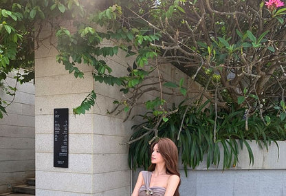 One-Shoulder Knotted Top & Low-Rise Mesh Midi Skirt