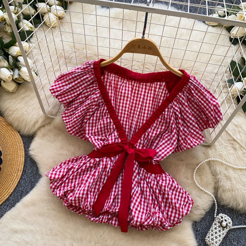 Short-Sleeve V-Neck Gingham Bow Peplum Blouse