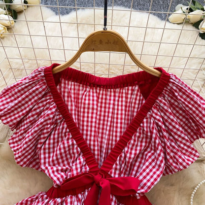 Short-Sleeve V-Neck Gingham Bow Peplum Blouse
