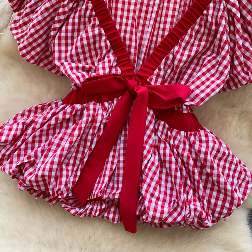 Short-Sleeve V-Neck Gingham Bow Peplum Blouse