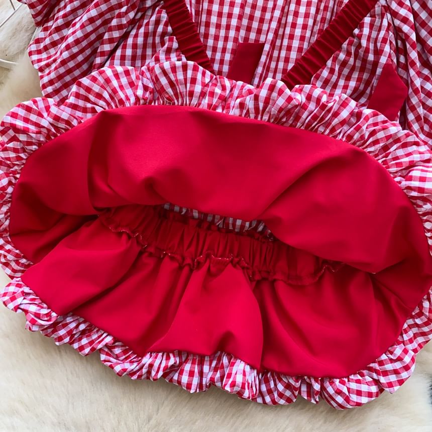 Short-Sleeve V-Neck Gingham Bow Peplum Blouse