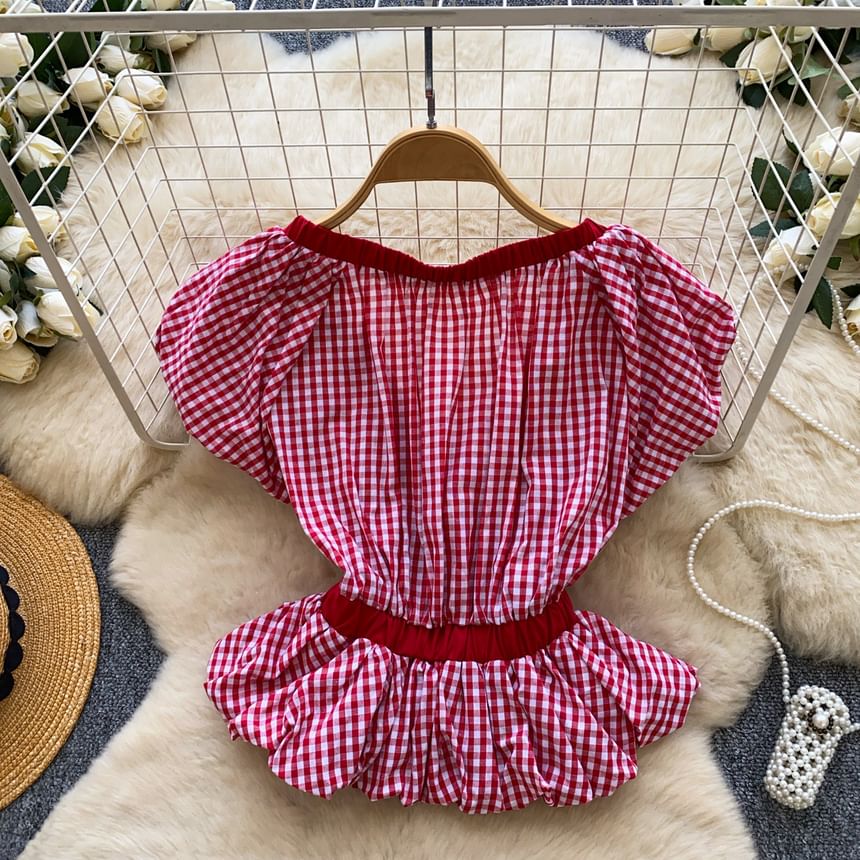 Short-Sleeve V-Neck Gingham Bow Peplum Blouse