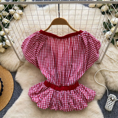 Short-Sleeve V-Neck Gingham Bow Peplum Blouse