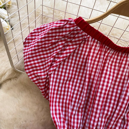 Short-Sleeve V-Neck Gingham Bow Peplum Blouse