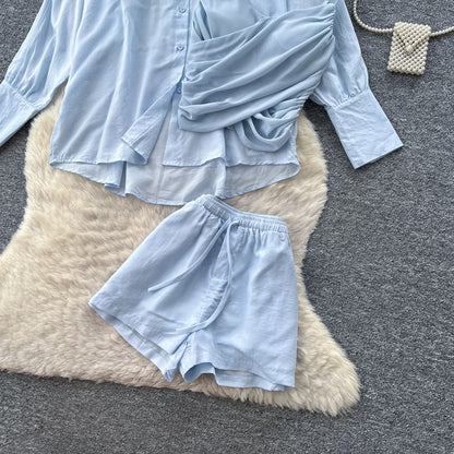 Set: Long-Sleeve Pocket Front Shirt + Ruched Asymmetrical Camisole + Drawstring Shorts