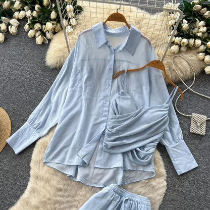 Set: Long-Sleeve Pocket Front Shirt + Ruched Asymmetrical Camisole + Drawstring Shorts