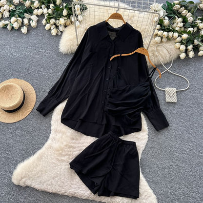 Set: Long-Sleeve Pocket Front Shirt + Ruched Asymmetrical Camisole + Drawstring Shorts