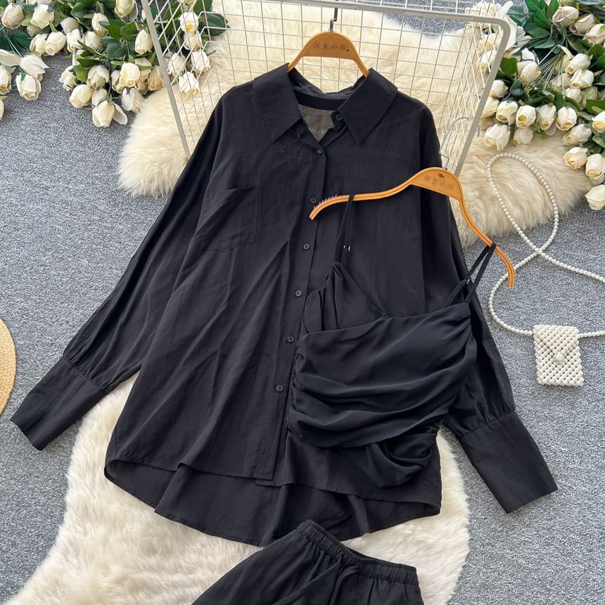 Set: Long-Sleeve Pocket Front Shirt + Ruched Asymmetrical Camisole + Drawstring Shorts