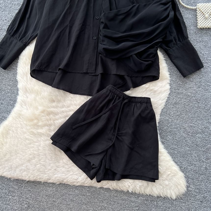 Set: Long-Sleeve Pocket Front Shirt + Ruched Asymmetrical Camisole + Drawstring Shorts
